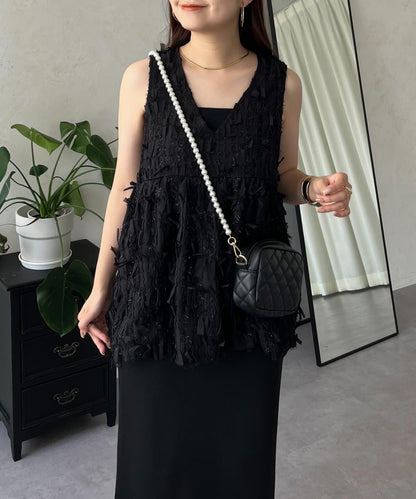 蝴蝶結流蘇V領荷葉邊背心