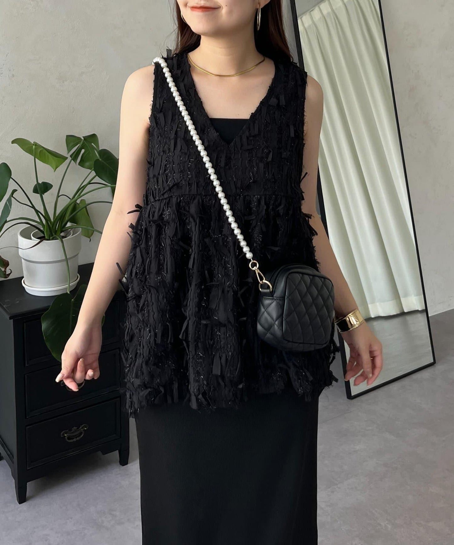 蝴蝶結流蘇V領荷葉邊背心