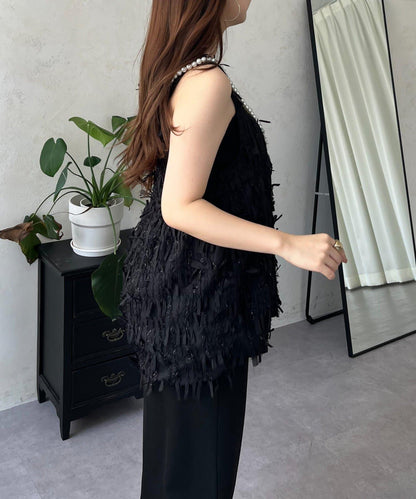 蝴蝶結流蘇V領荷葉邊背心