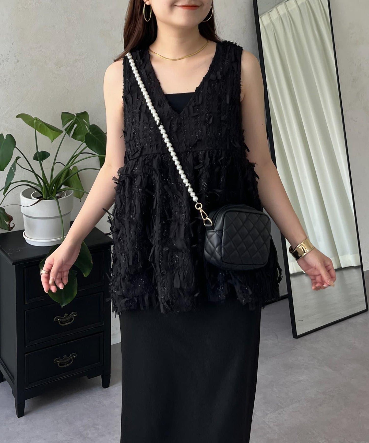 蝴蝶結流蘇V領荷葉邊背心