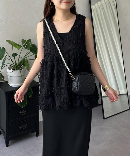 蝴蝶結流蘇V領荷葉邊背心