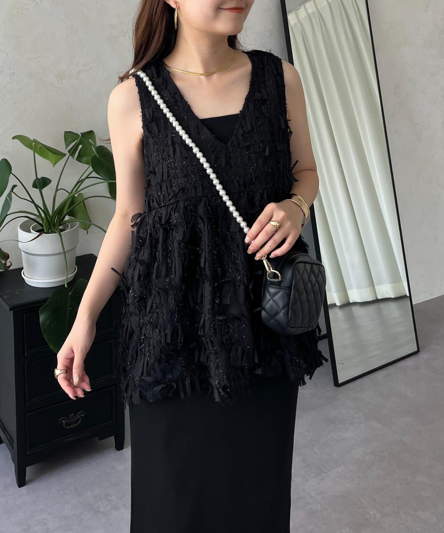 蝴蝶結流蘇V領荷葉邊背心