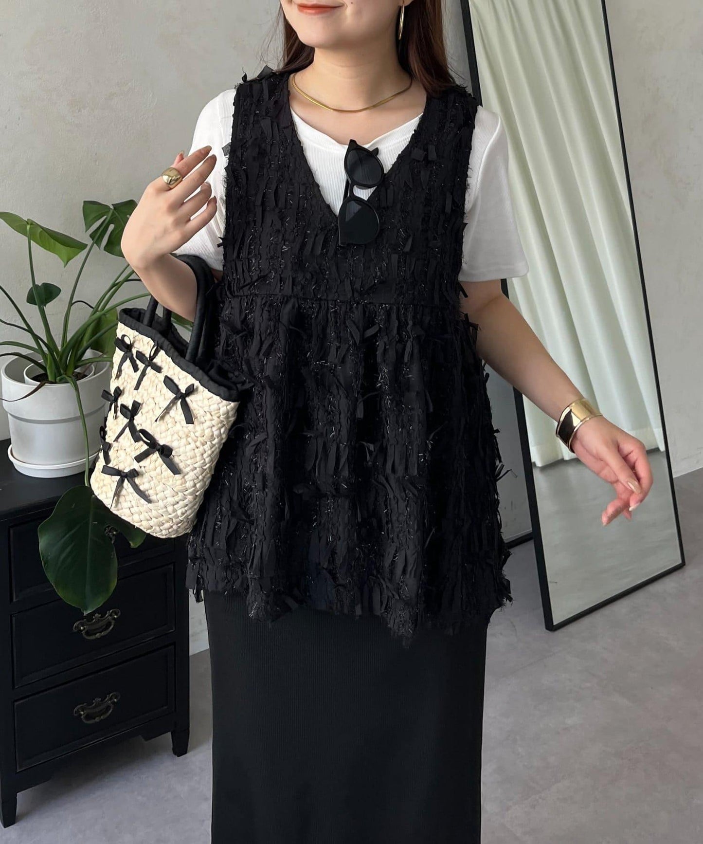 蝴蝶結流蘇V領荷葉邊背心