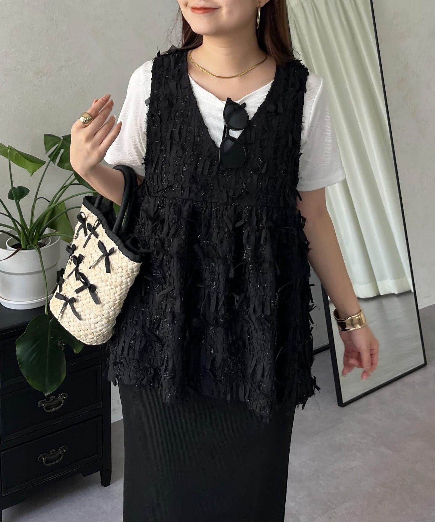 蝴蝶結流蘇V領荷葉邊背心