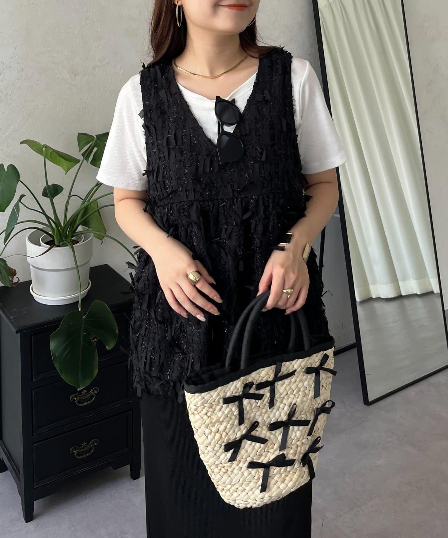 蝴蝶結流蘇V領荷葉邊背心