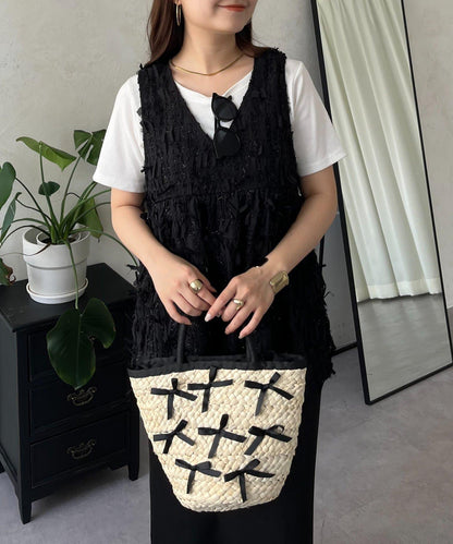 蝴蝶結流蘇V領荷葉邊背心