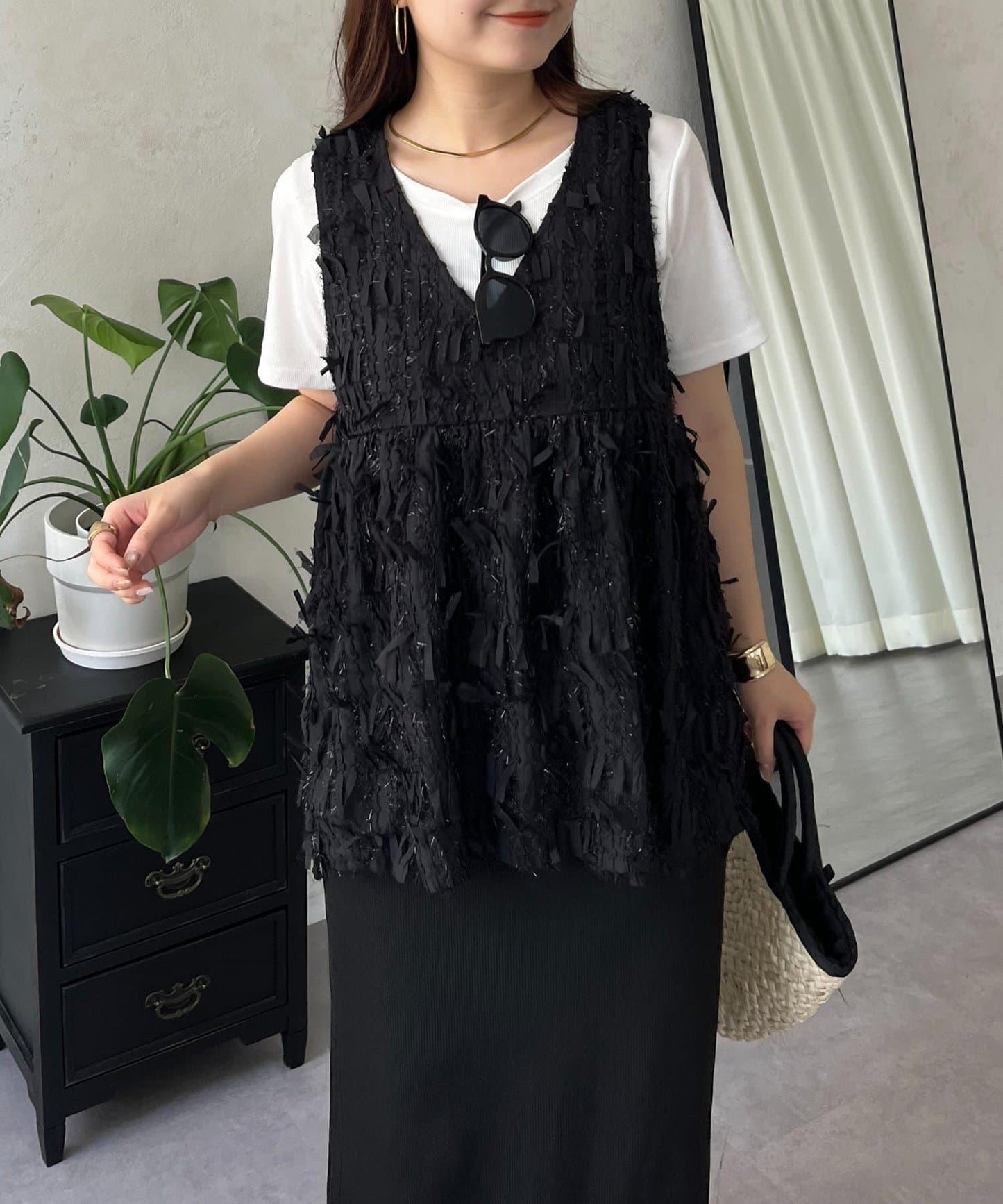 蝴蝶結流蘇V領荷葉邊背心