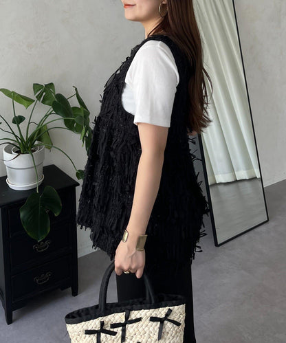 蝴蝶結流蘇V領荷葉邊背心