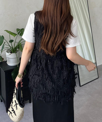 蝴蝶結流蘇V領荷葉邊背心