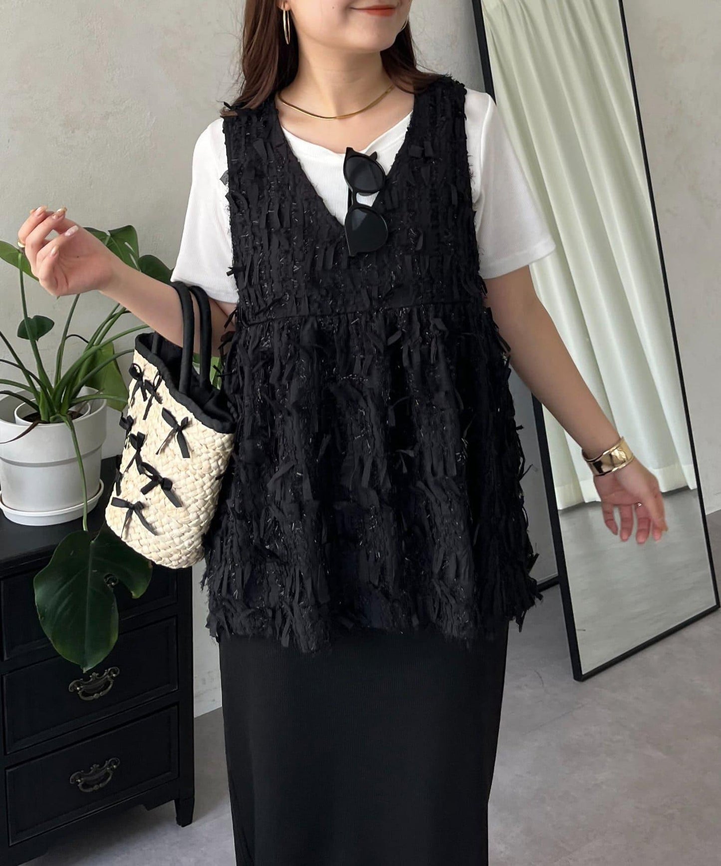 蝴蝶結流蘇V領荷葉邊背心