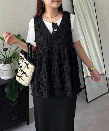 蝴蝶結流蘇V領荷葉邊背心