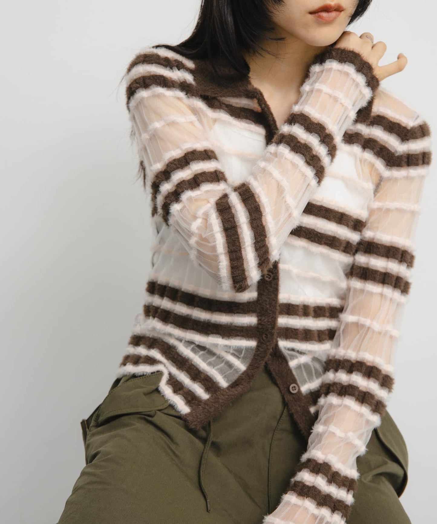 透視條紋羽毛針織衫