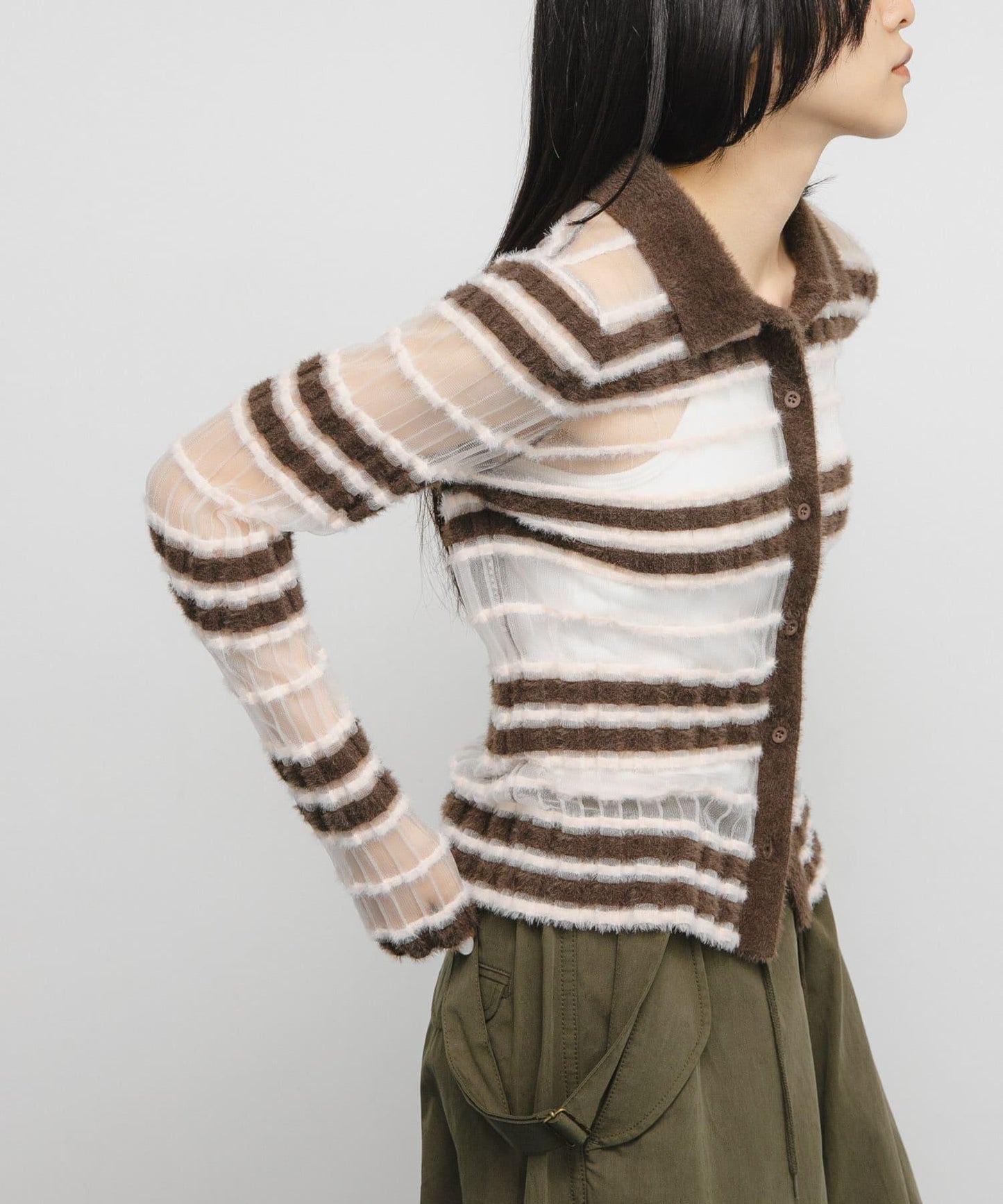 透視條紋羽毛針織衫