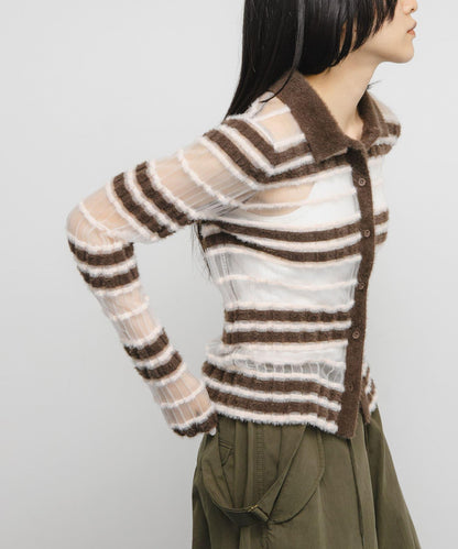 透視條紋羽毛針織衫