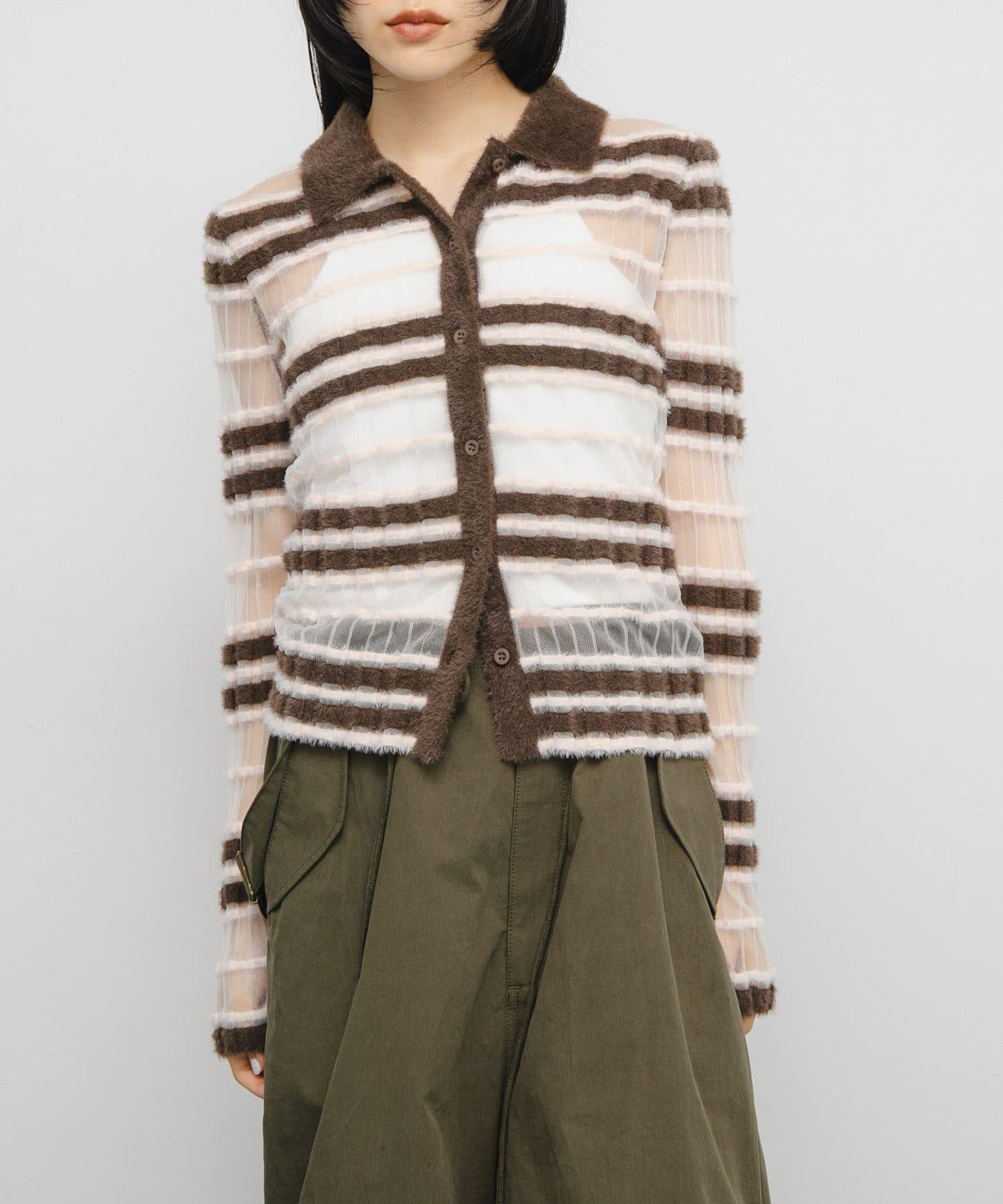 透視條紋羽毛針織衫