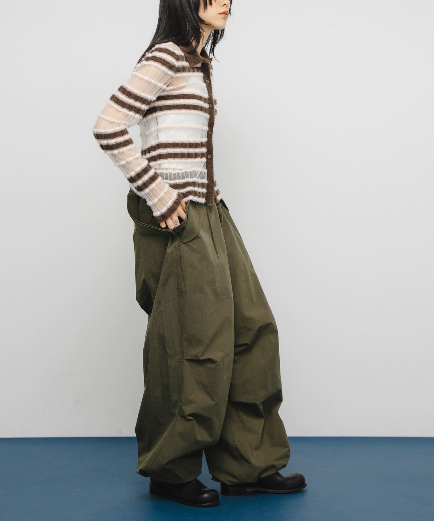 透視條紋羽毛針織衫