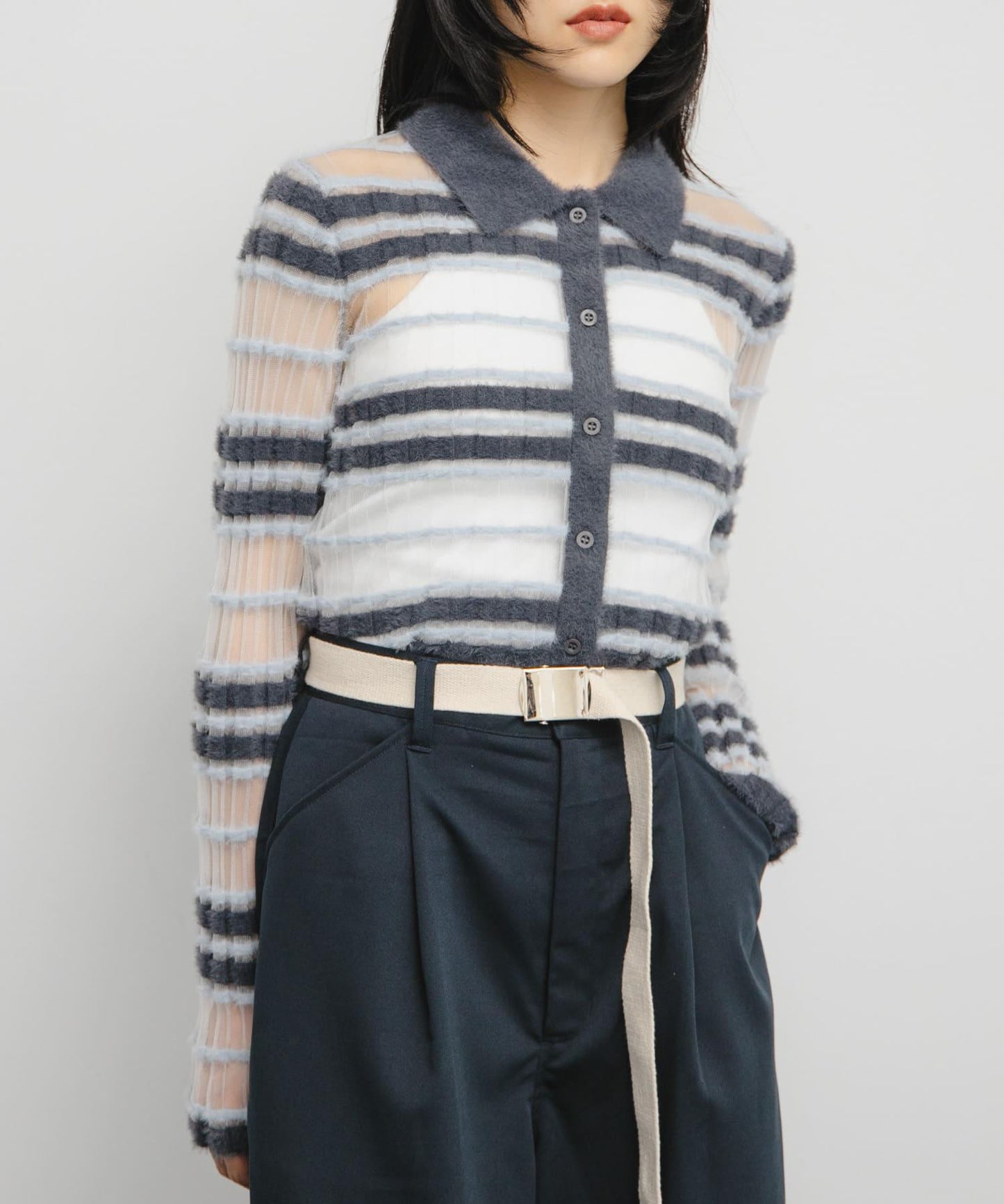 透視條紋羽毛針織衫