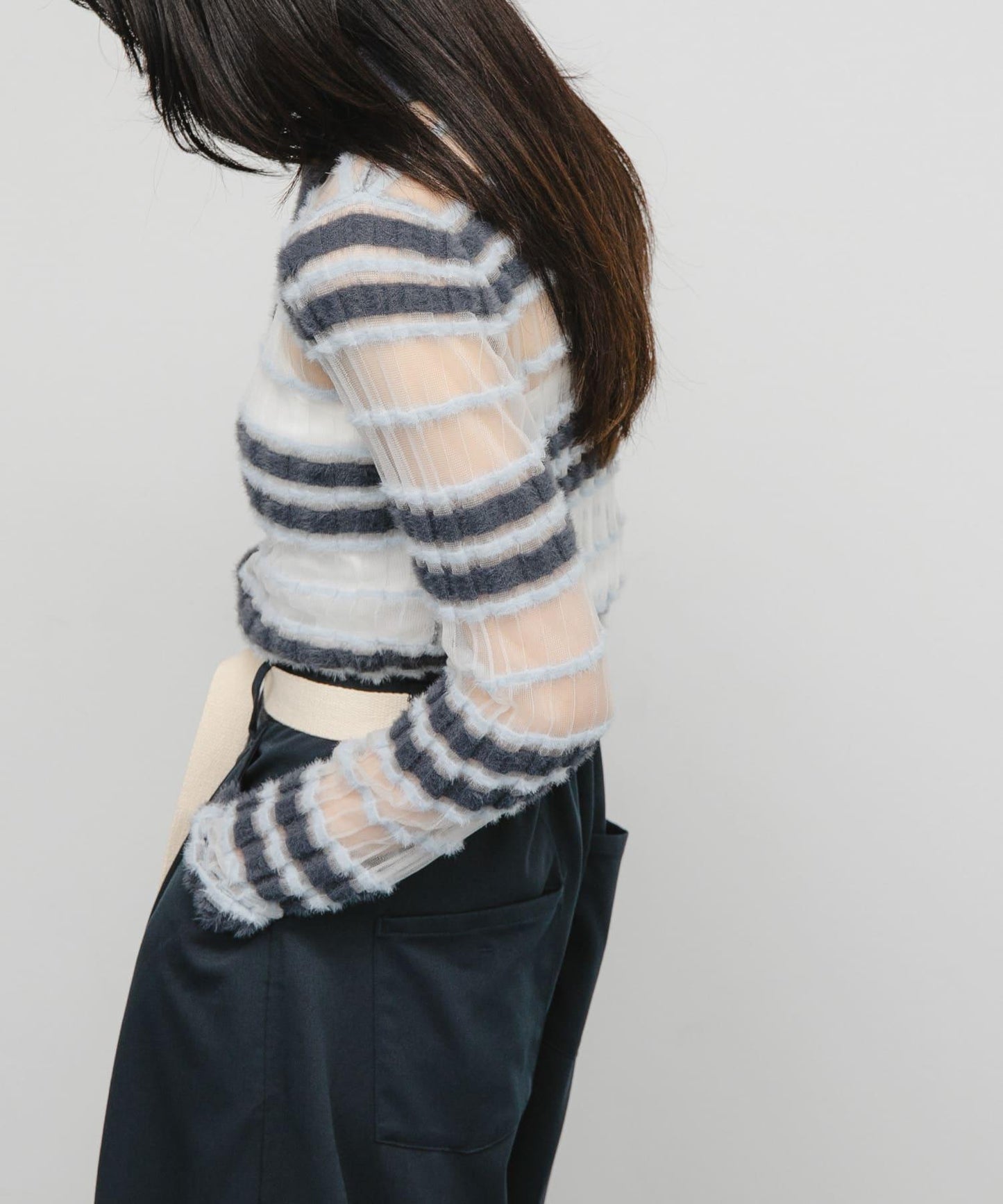 透視條紋羽毛針織衫