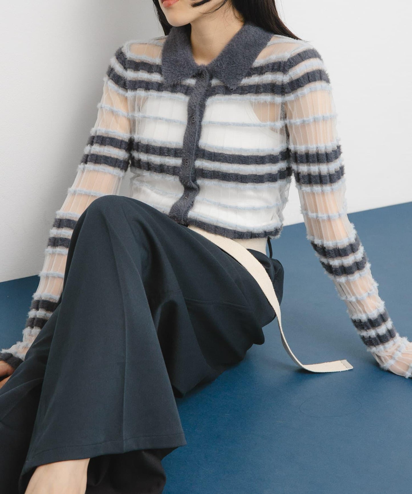 透視條紋羽毛針織衫