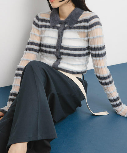 透視條紋羽毛針織衫