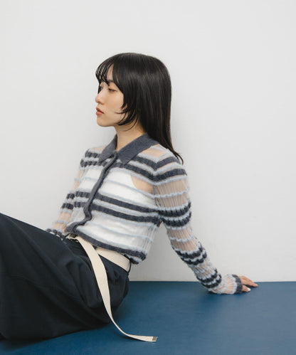 透視條紋羽毛針織衫