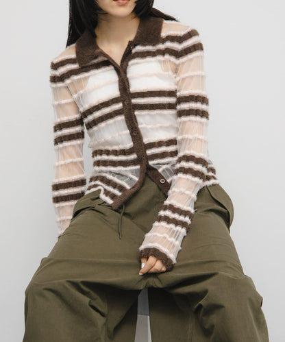 透視條紋羽毛針織衫
