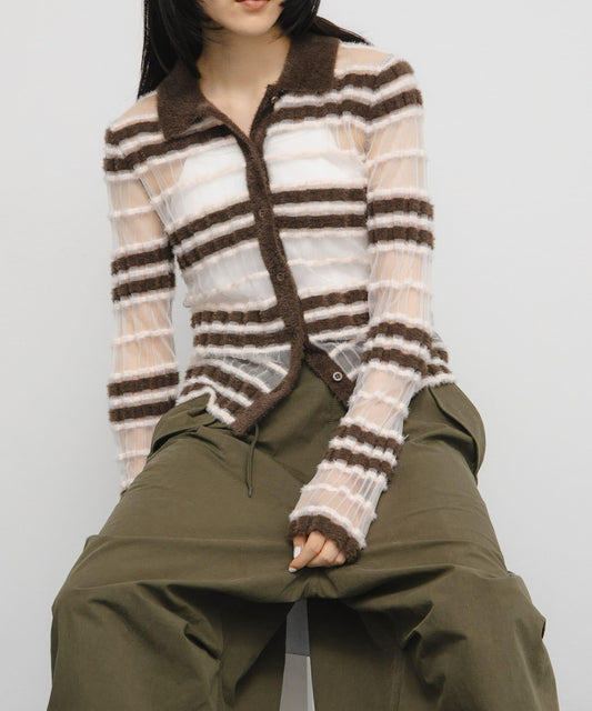 透視條紋羽毛針織衫