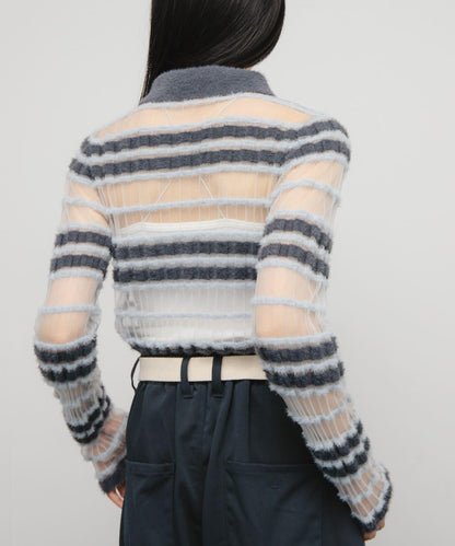 透視條紋羽毛針織衫