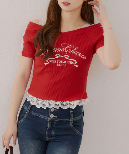 露肩蕾絲裝飾高領上衣