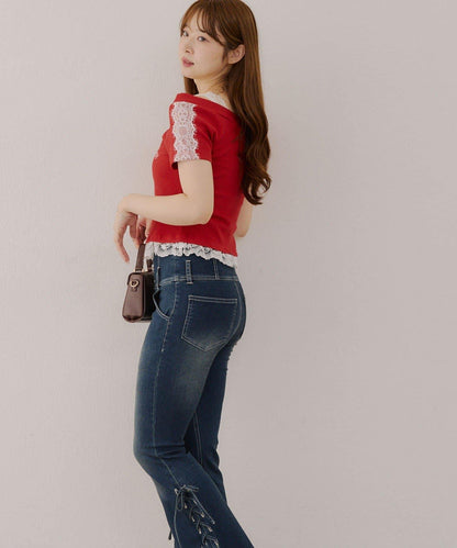 露肩蕾絲裝飾高領上衣