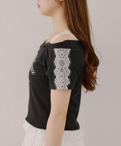 露肩蕾絲裝飾高領上衣