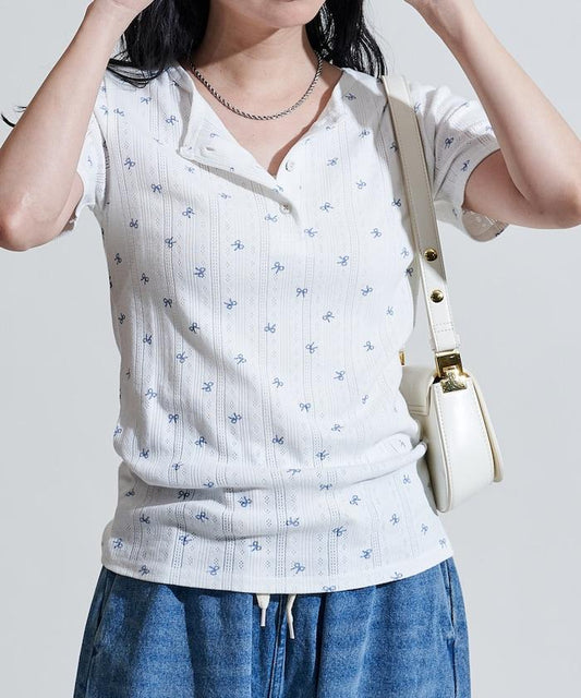 蝴蝶結圖案 刺繡法蘭絨 亨利領T恤