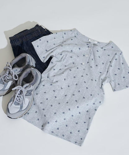 蝴蝶結圖案 刺繡法蘭絨 亨利領T恤