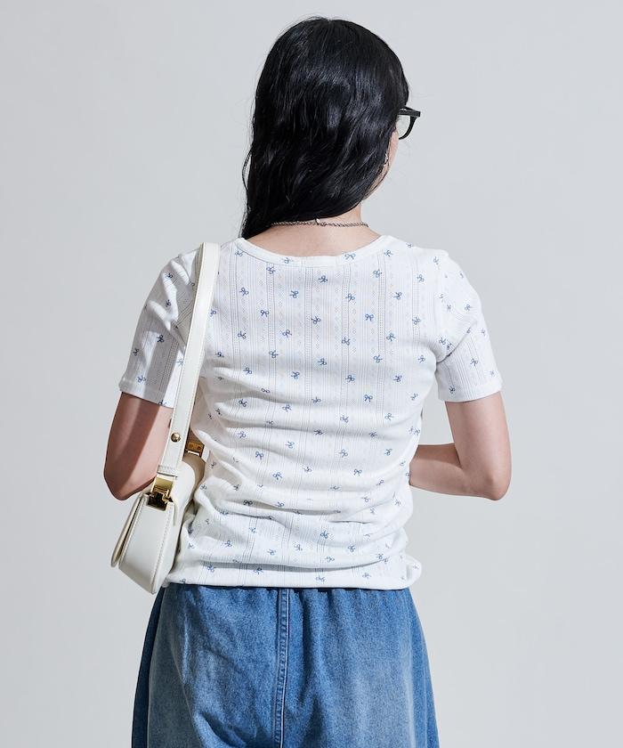 蝴蝶結圖案 刺繡法蘭絨 亨利領T恤