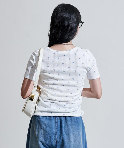 蝴蝶結圖案 刺繡法蘭絨 亨利領T恤