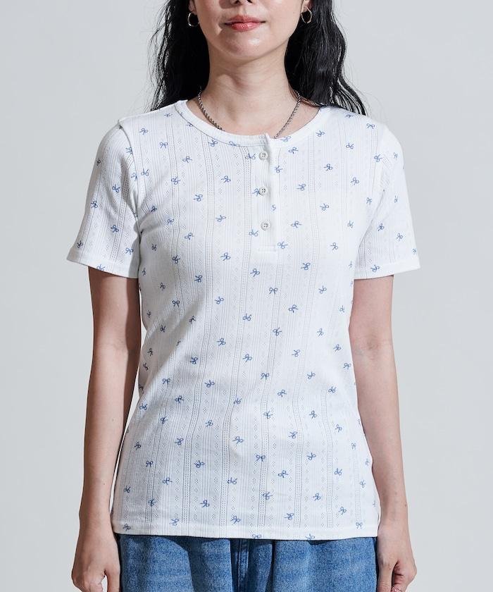 蝴蝶結圖案 刺繡法蘭絨 亨利領T恤