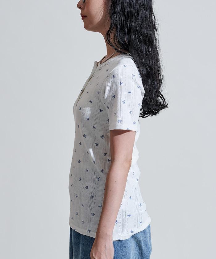 蝴蝶結圖案 刺繡法蘭絨 亨利領T恤