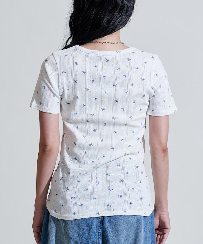 蝴蝶結圖案 刺繡法蘭絨 亨利領T恤