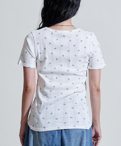 蝴蝶結圖案 刺繡法蘭絨 亨利領T恤