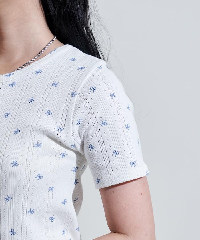 蝴蝶結圖案 刺繡法蘭絨 亨利領T恤