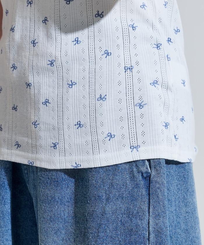 蝴蝶結圖案 刺繡法蘭絨 亨利領T恤