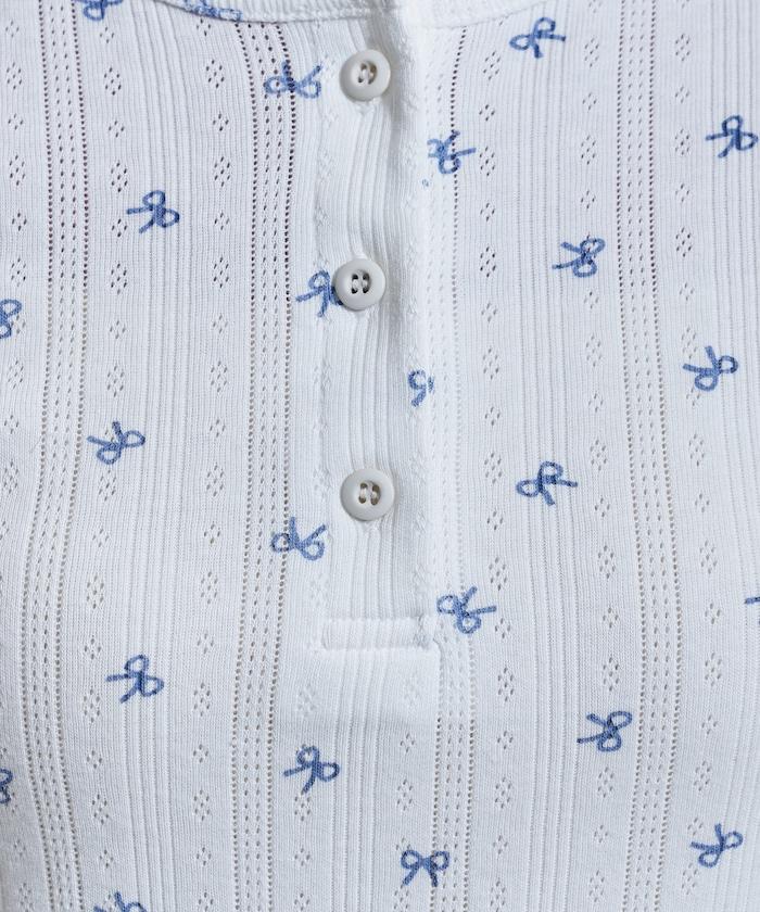 蝴蝶結圖案 刺繡法蘭絨 亨利領T恤