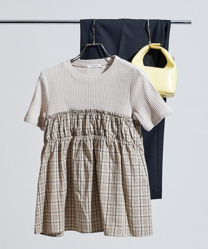 軍裝風格格紋拼接T恤