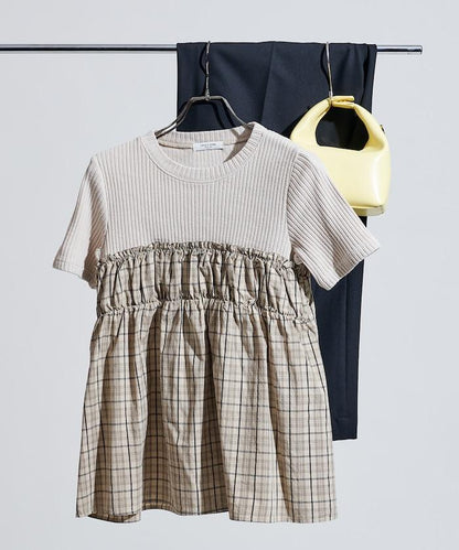 軍裝風格格紋拼接T恤