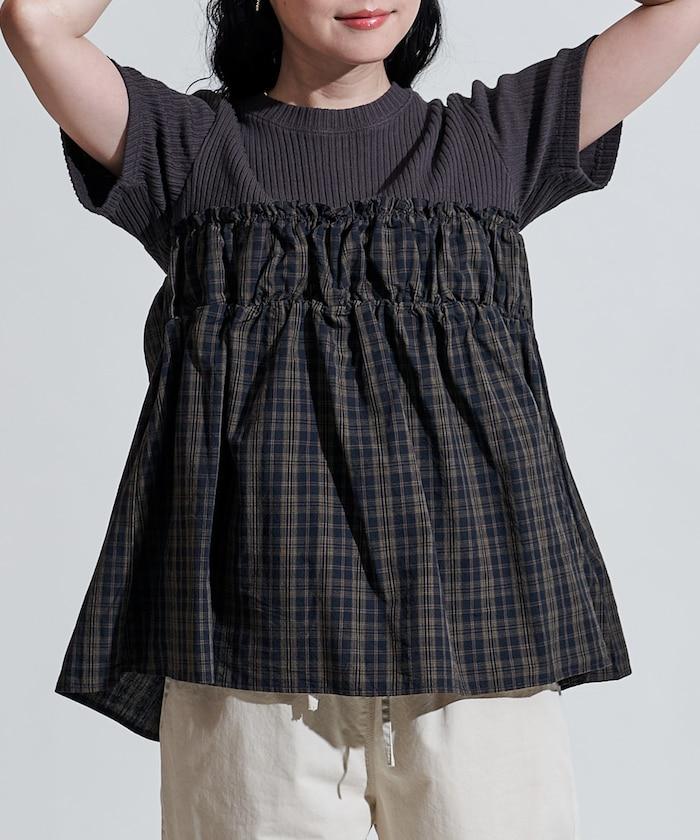 軍裝風格格紋拼接T恤