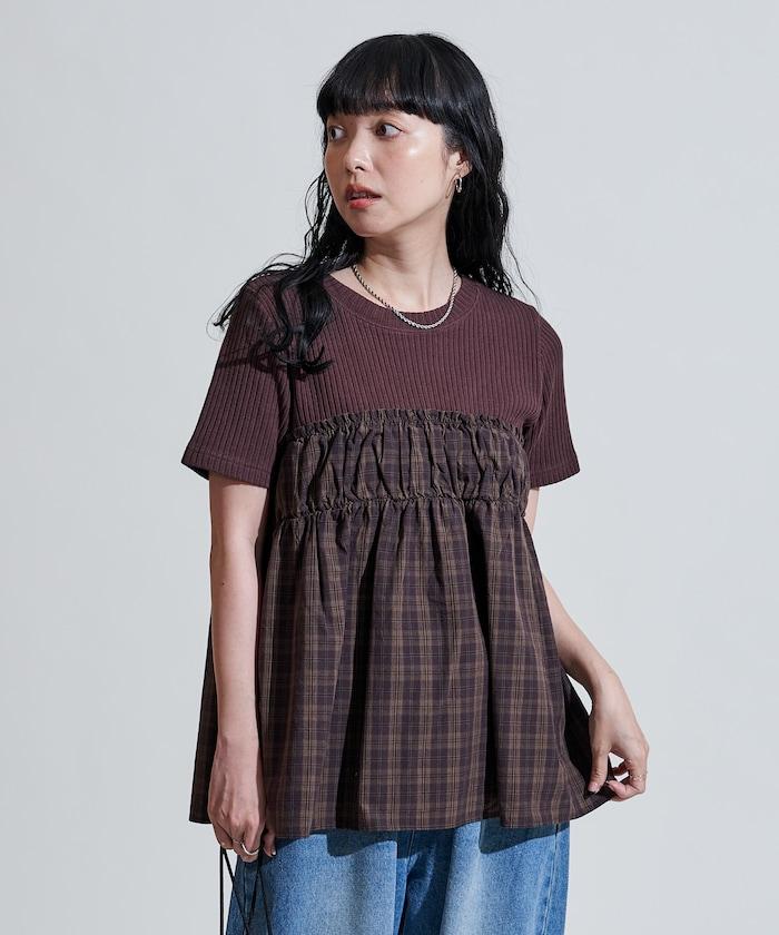 軍裝風格格紋拼接T恤