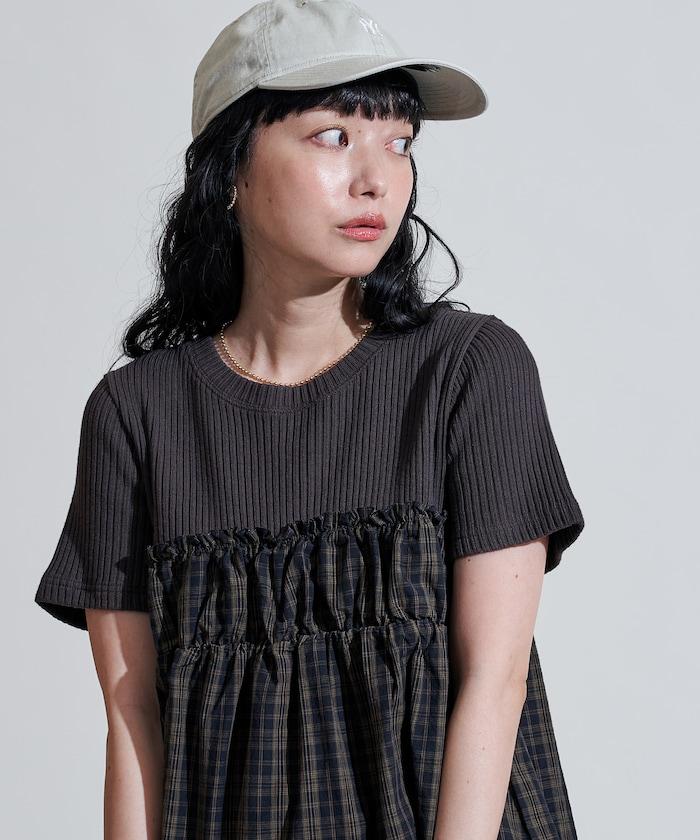 軍裝風格格紋拼接T恤