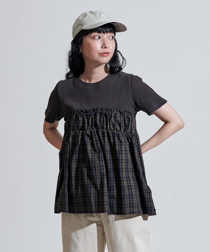 軍裝風格格紋拼接T恤