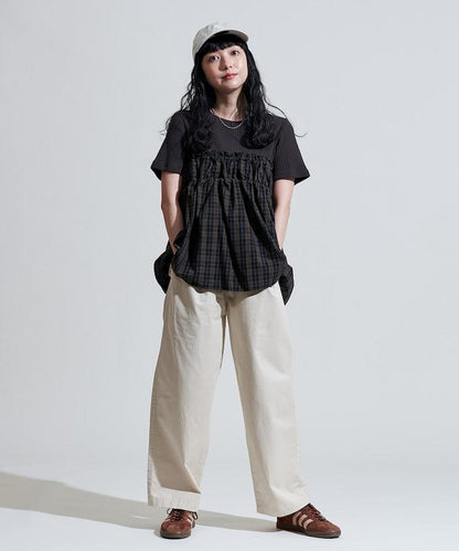 軍裝風格格紋拼接T恤