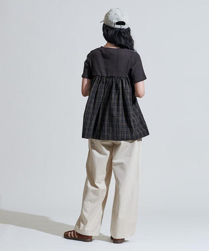 軍裝風格格紋拼接T恤